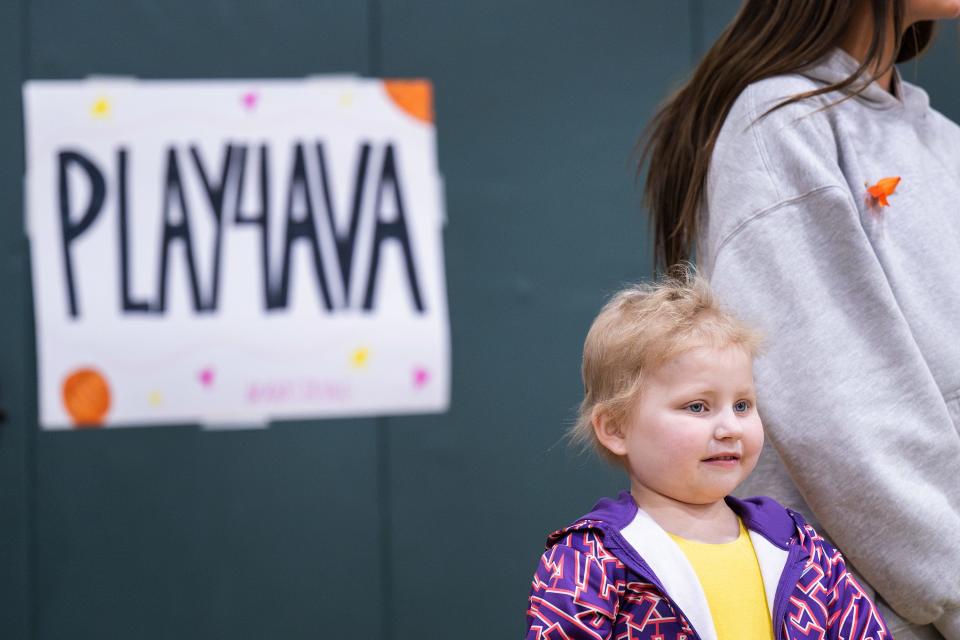 Ava Blazis, a 5-year-old Sutton native with acute lymphoblastic leukemia, is honored before a game earlier this month.