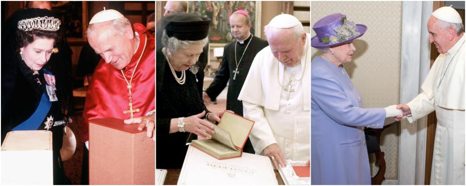 Despite meeting the Pope on numerous occasions, the Queen was only snapped ignoring the all-black rule during her latest visit to the Vatican in 2014, which saw her don a light purple skirt and jacket, as she chatted with Pope Francis. Photo: Getty Images