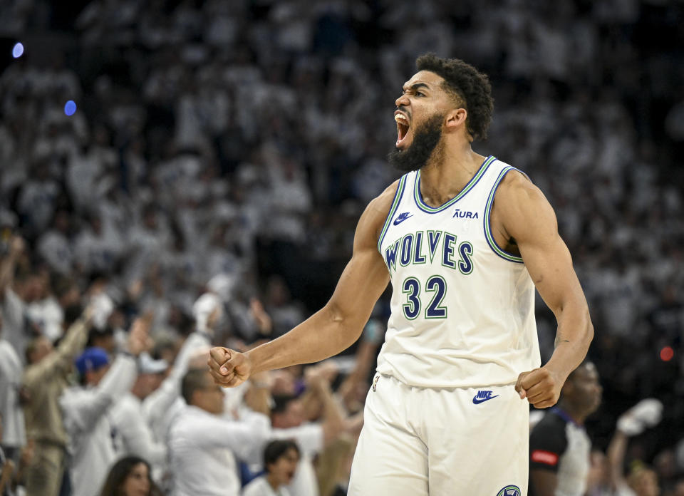 MINNEAPOLIS, MN - MAY 16: Karl-Anthony Towns (32) of the Minnesota Timberwolves hypes up the crowd during the third quarter against the Denver Nuggets at Target Center in Minneapolis on Thursday, May 16, 2024. (Photo by AAron Ontiveroz/The Denver Post)