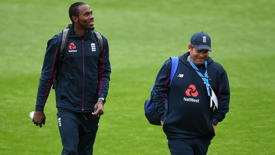 Jofra Archer, pictured here after an England Nets Session at Old Trafford.