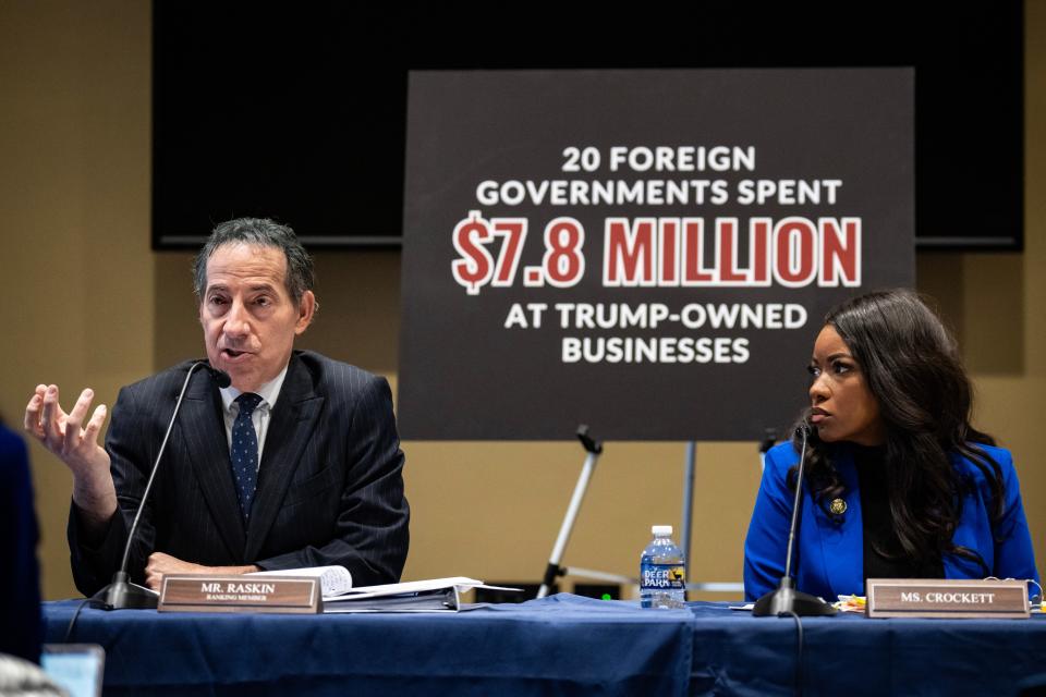Ranking member of the House Oversight Committee Rep. Jamie Raskin (D-MD) speaks as Rep. Jasmine Crockett (D-TX) looks on during a media briefing concerning former President Donald Trump's business ties with foreign governments, on Capitol Hill January 4, 2024 in Washington, DC.