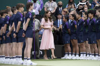 <p>Duchess of Cambridge walks onto Centre Court on day 13 of the Wimbledon Tennis Championships in 2021. (Getty Images)</p> 