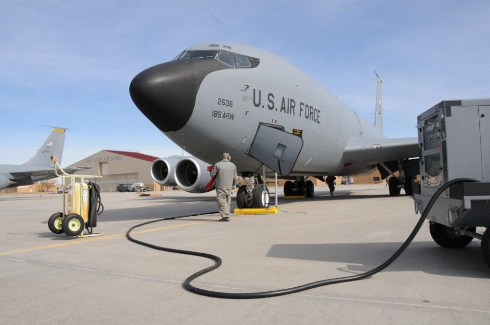 A U.S. Air Force KC-135 from the Iowa Air National Guard’s 185th Air Refueling Wing is parked on the ramp at the Sioux City, Iowa airport