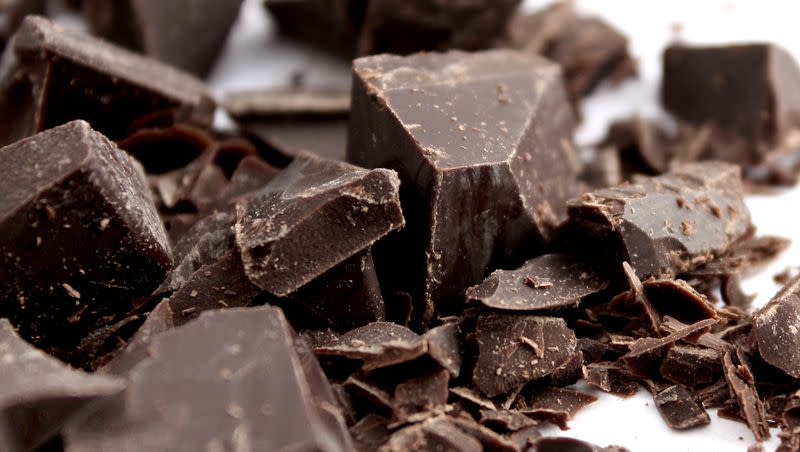 Dark chocolate crumbles are pictured. Dark chocolate is rich in nutrients like iron, fiber and antioxidants.