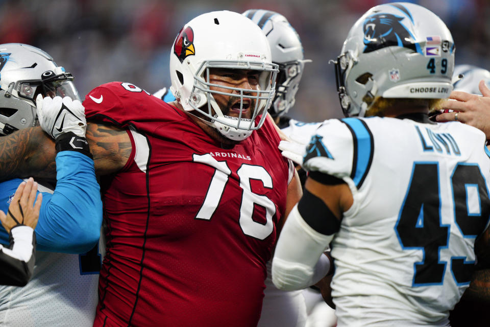 Arizona Cardinals guard Will Hernandez reacts during the second half of an NFL football game against the Carolina Panthers on Sunday, Oct. 2, 2022, in Charlotte, N.C. Hernandez was disqualify left the game. (AP Photo/Jacob Kupferman)