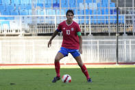 FILE - Costa Rica's Bryan Ruiz controls the ball during a friendly soccer match against Uzbekistan in Suwon, South Korea, Tuesday, Sept. 27, 2022. (AP Photo/Ahn Young-joon, File)
