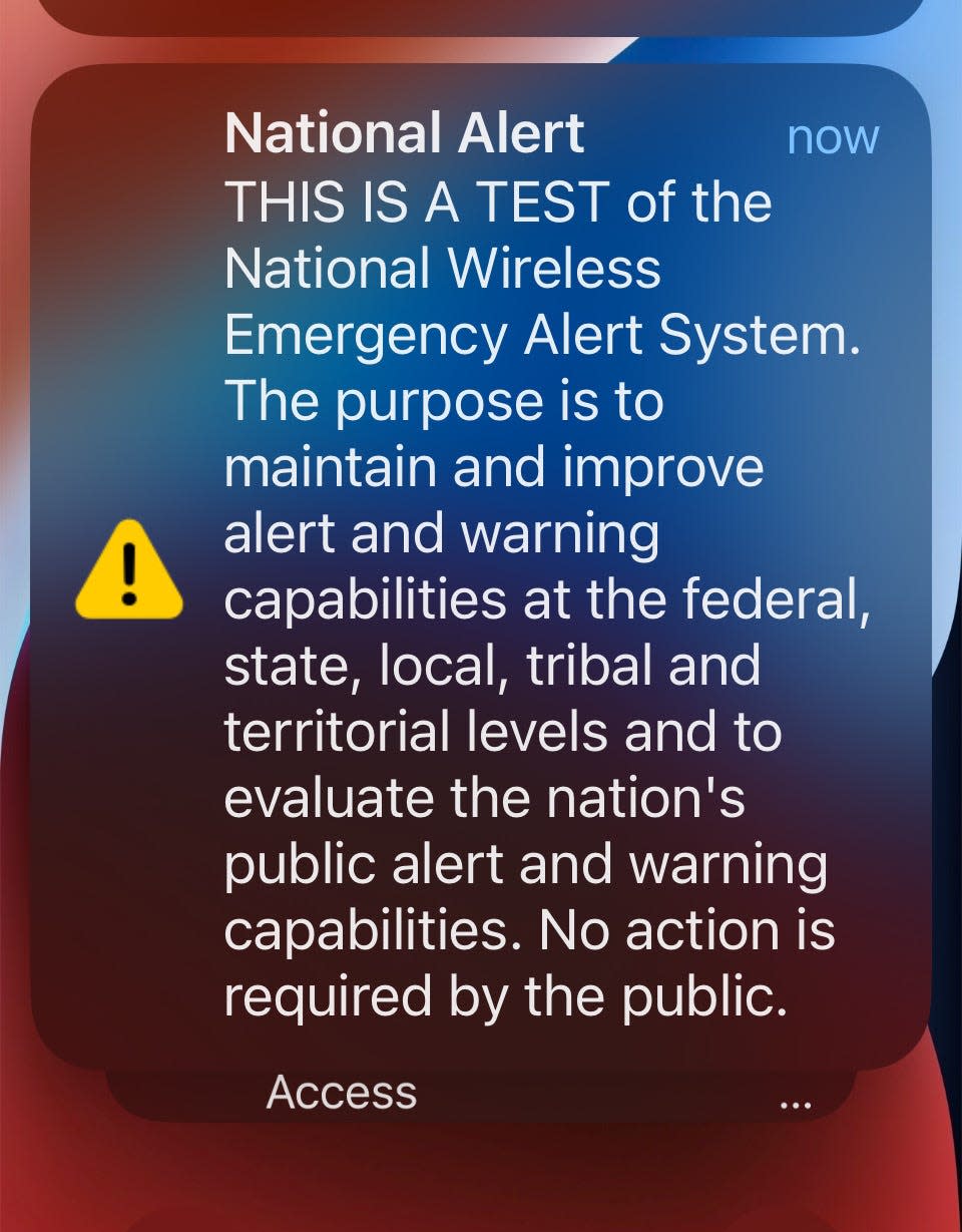 A screenshot of the text received during the National Wireless Emergency Alert System test.