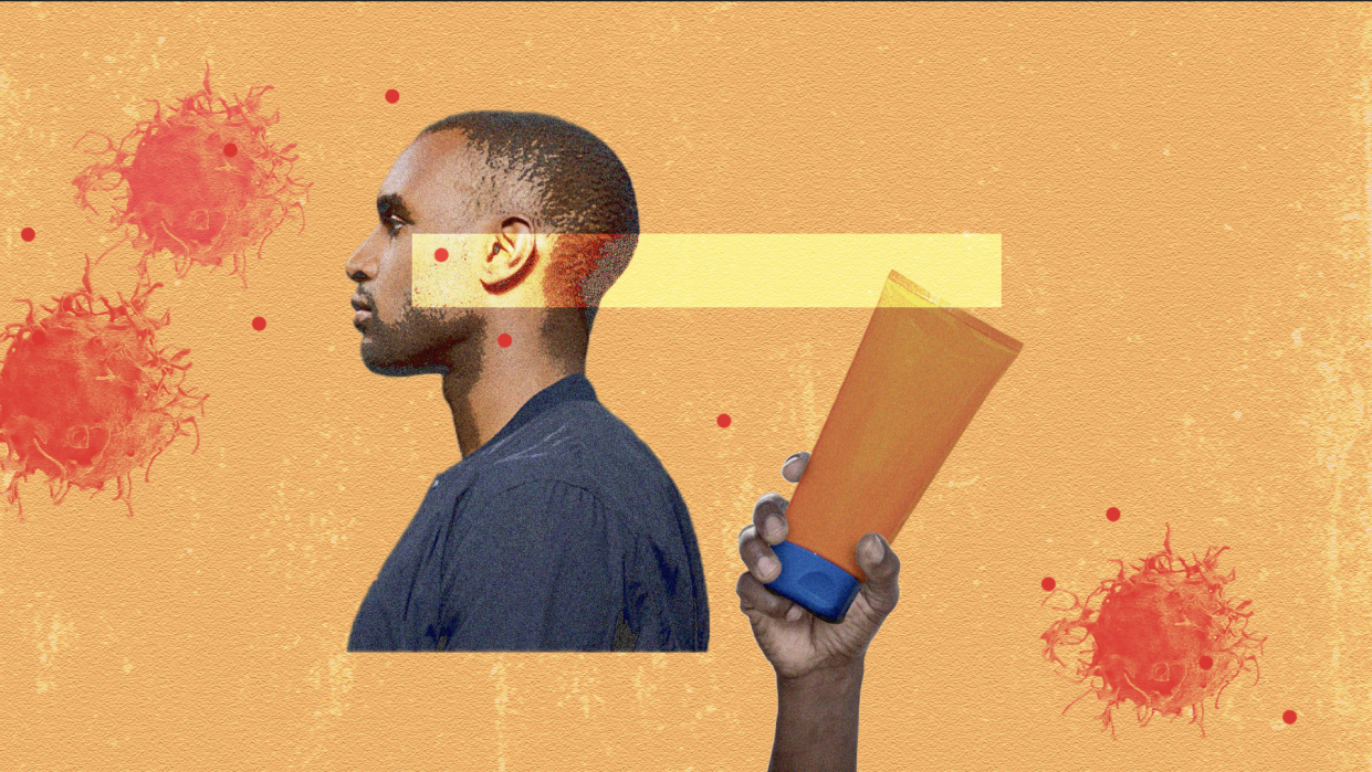 Photo illustration of a Black man and a tube of sunscreen.