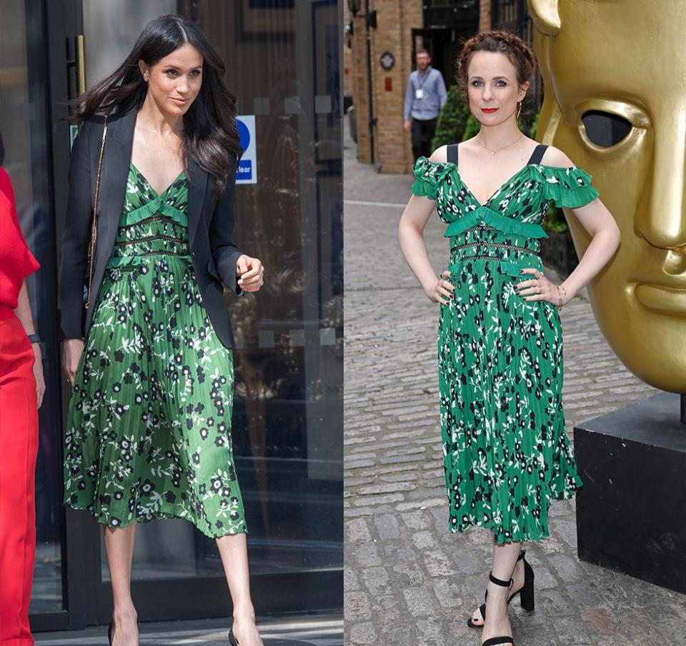 <p>While attending the Invictus Games reception in 2018, Meghan hid the cold-shoulder style of this green printed Self-Portrait dress under a black blazer. Fans were given a closer look at the dress's details when the very next day it was worn to the British Academy Television Awards by actress Cariad Lloyd.</p>