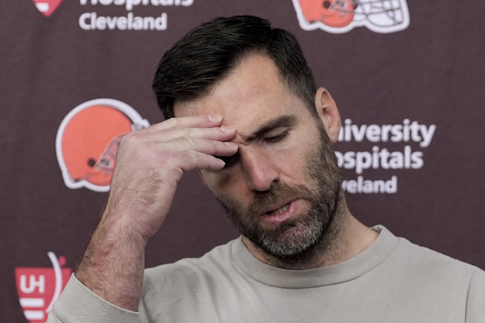 Cleveland Browns quarterback Joe Flacco speaks during a news conference after their 45-14 loss against the Houston Texans in an NFL wild-card playoff football game Saturday, Jan. 13, 2024, in Houston. (AP Photo/David J. Phillip)