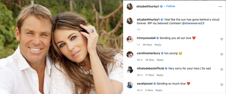 Elizabeth Hurley shared a tribute to Shane Warne (Instagram)