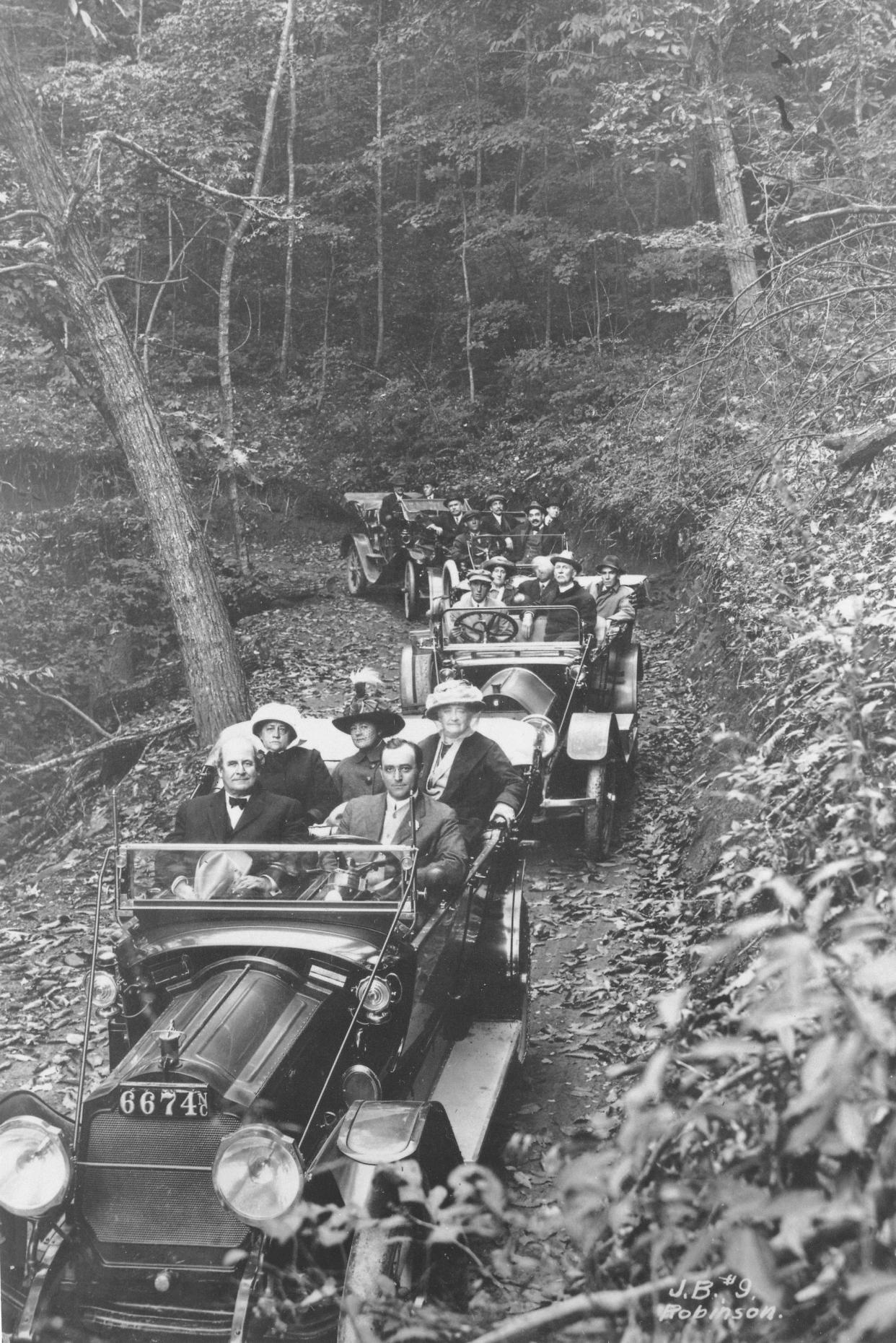 Fred Seely, Grove Park Inn CEO, drives the lead car in a party staying at the hotel in its opening year, 1913. His passenger in the front seat is William Jennings Bryan, Secretary of State under Woodrow Wilson.