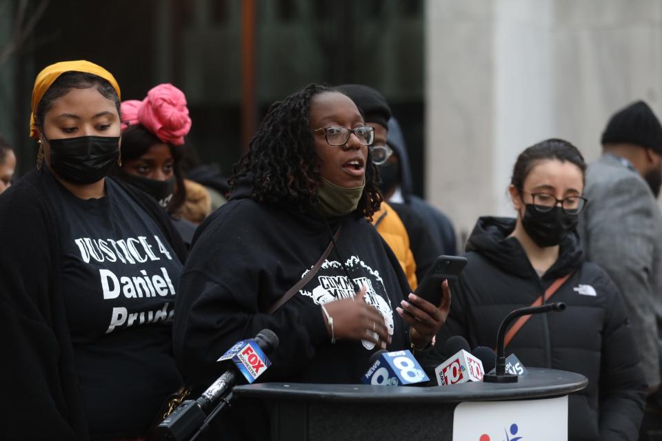 Ashley Gantt, with Free the People Roc, talks about  actions that need to be taken, like having a federal and civil monitor for the Rochester Police Department during a press conference held by The Arc of Justice, Rochester chapter, in front of the Kenneth B. Keating Federal Building on State Street in Rochester, NY on March 16, 2021. 