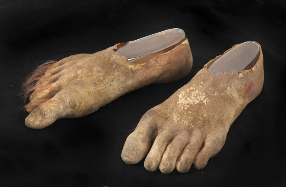 A pair of prosthetic hairy Hobbit feet are shown in this handout photo provided by Julien's Auction in Beverly Hills