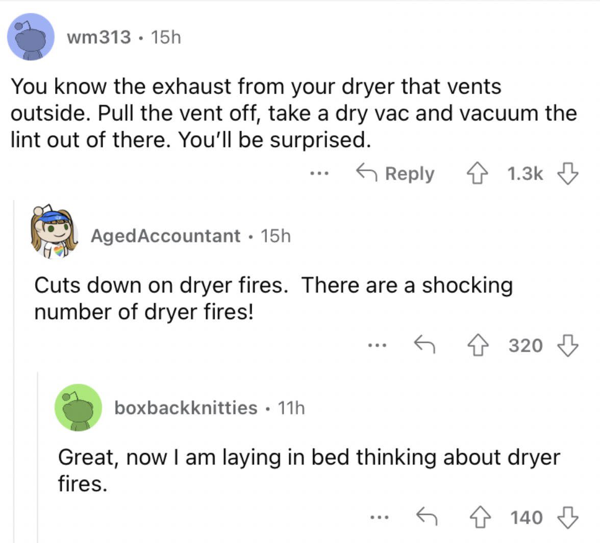 Reddit screenshot about the value of cleaning out your dryer vents of lint.