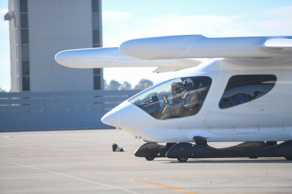 The ALIA electric aircraft takes off from Augusta Regional Airport during a BETA Technologies flight demonstration on Tuesday, Oct. 24, 2023. ALIA is on a 1,500 miles flight, with a final destination of Florida.