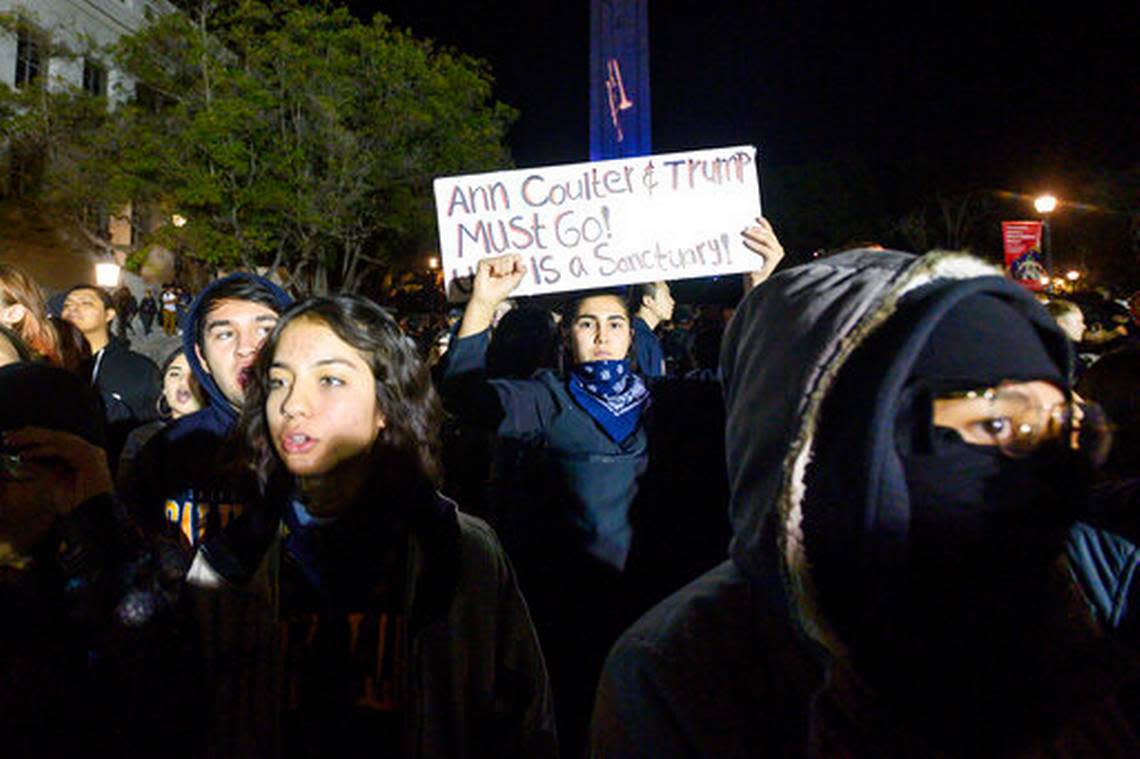 University of California, Berkeley student Magaly Mercado joins protesters outside a speech by conservative commentator Ann Coulter in 2019.