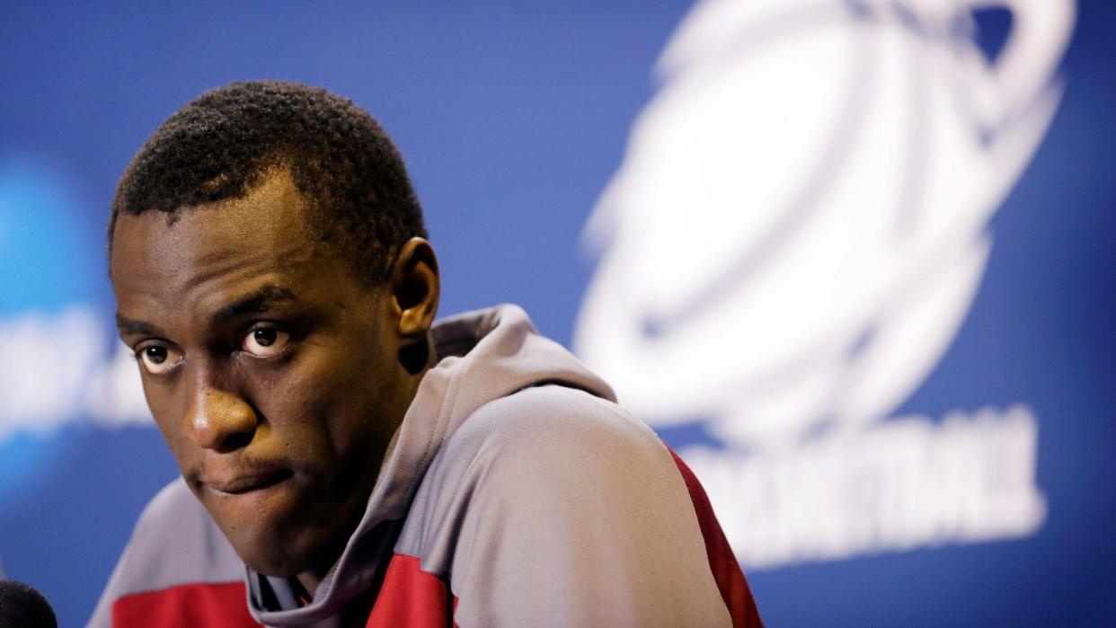 Mandatory Credit: Photo by Charlie Neibergall/AP/Shutterstock (6101399t)Pascal Siakam New Mexico State forward Pascal Siakam speaks during a news conference before practice at the NCAA college basketball tournament, in Omaha, Neb.