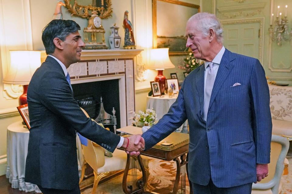 King Charles and Rishi Sunak at Buckingham Palace on February 21, 2024.