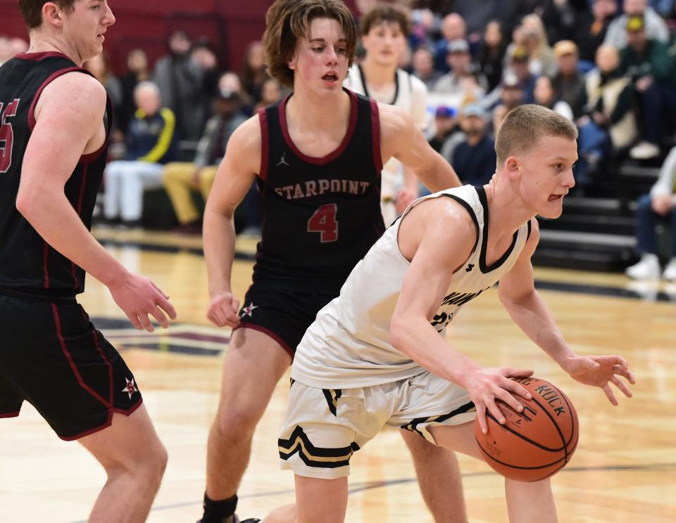 Corning's Nolyn Proudfoot controls the ball during a 61-55 win over Starpoint in a Boys Regional Division 2 semifinal at the Josh Palmer Fund Clarion Classic on Dec. 28, 2023 at Elmira High School.