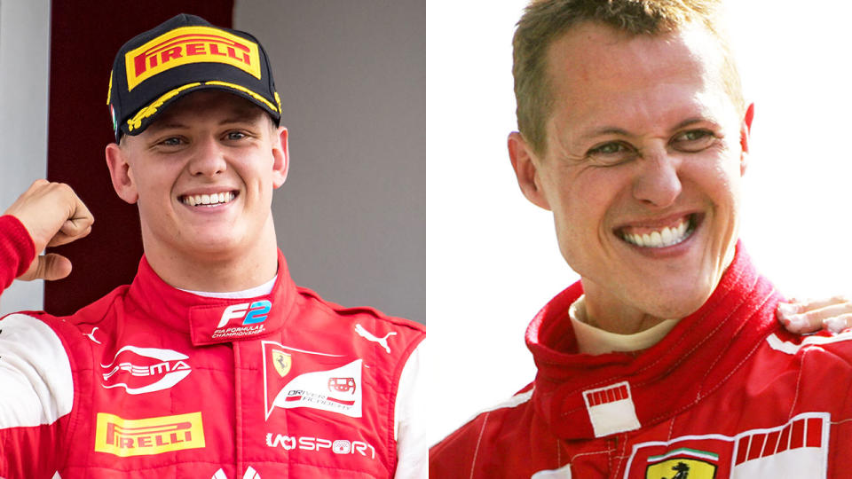 Mick Schumacher is pictured here alongside an old photo of his F1 legend father, Michael.
