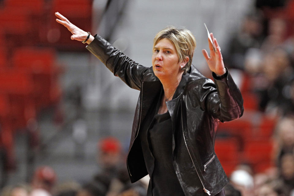 FILE- In this Feb. 18, 2020, file photo, Texas Tech coach Marlene Stollings reacts to a play during the second half of an NCAA college basketball game against Baylor in Lubbock, Texas. Texas Tech women's basketball players have accused Stollings and her staff of fostering a culture of abuse that led to an exodus from the program, according to a report published Wednesday, Aug. 5, 2020, in USA Today. (AP Photo/Brad Tollefson, File)