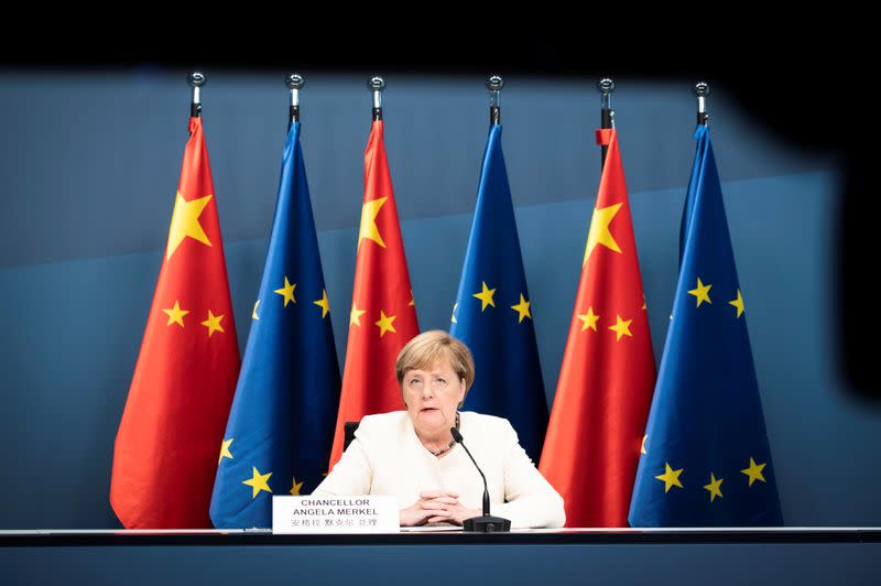 German Chancellor Merkel during a video conference with European Council President Charles Michel, European Commission President Ursula von der Leyen and China's President Xi Jinping