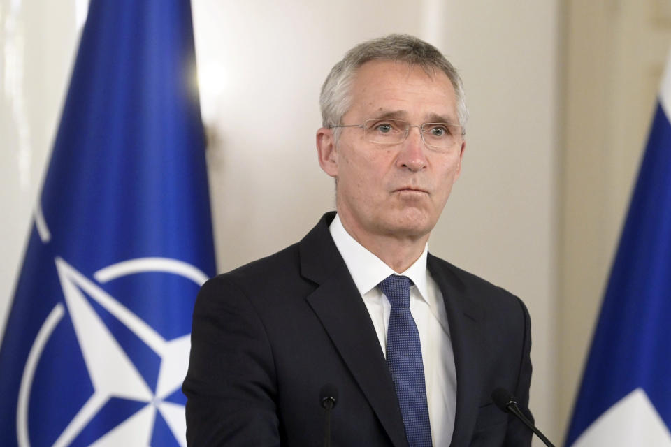 Visiting NATO Secretary General Jens Stoltenberg looks on during his joint press conference with Finland's President Sauli Niinisto on the occasion of their meeting during The North Atlantic Council's (NAC) in Helsinki, Finland, Monday, Oct. 25, 2021. (Vesa Moilanen/Lehtikuva via AP)