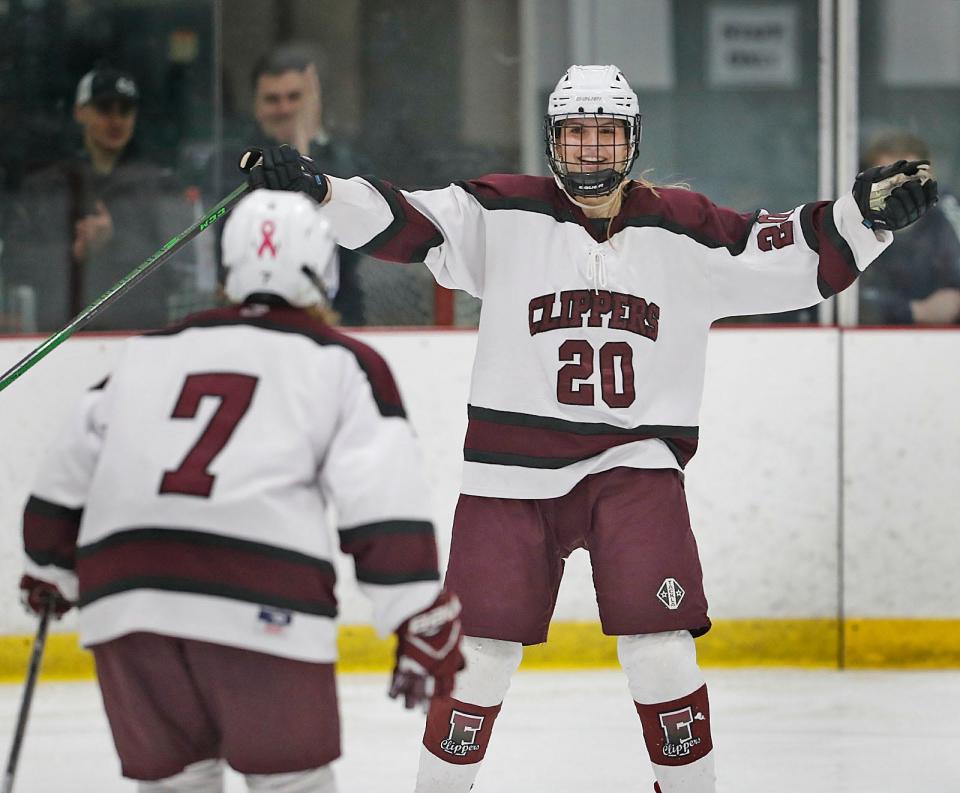 Falmouth Hailey Ferreira (20) celebrates a goal with teammate Maeve Turner.
Falmouth girls hockey beats Canton 4-3 in overtime at The Bog in Kingston on Thursday, March. 6, 2024