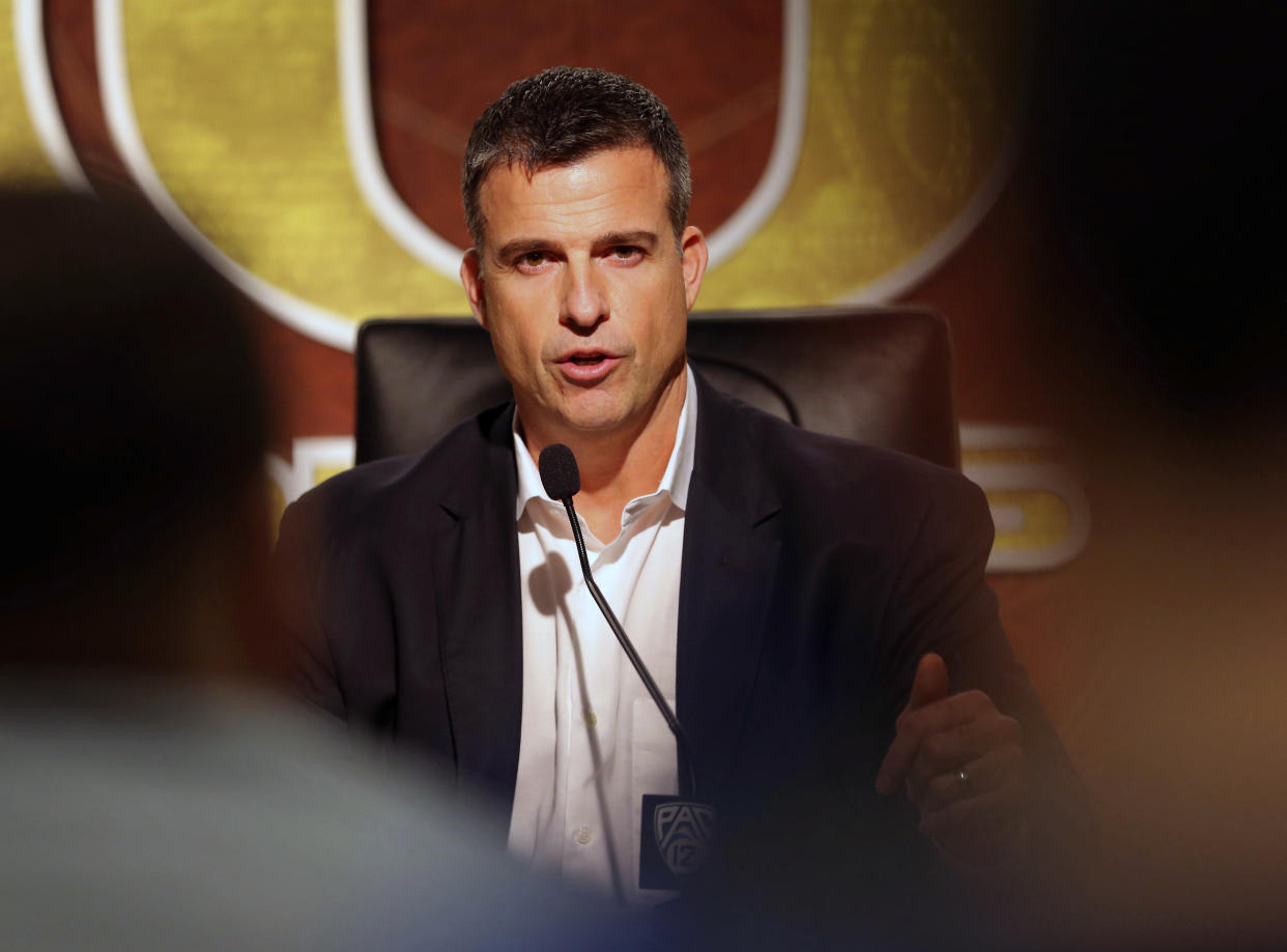 Oregon coach Mario Cristobal landed the sixth commitment in his 2019 recruiting class over the weekend. (Brian Davies/The Register-Guard via AP)