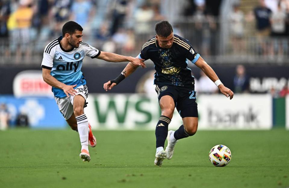 Philadelphia Union defender Kai Wagner (27) and Charlotte FC forward Liel Abada (11) in Saturday’s first half at Subaru Park. Kyle Ross-USA TODAY Sports