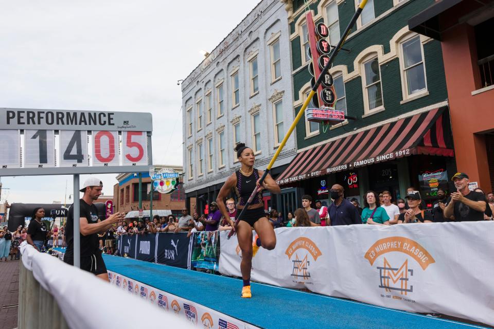 Athlete Kristen Brown competes in the pole vault on Beale Street at the Ed Murphey Classic on Saturday July 30, 2022