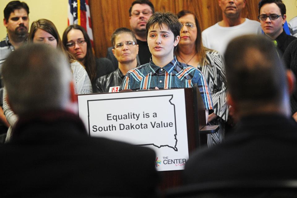 Thomas Lewis, an 18-year-old transgender student at Lincoln High School, speaks during a press conference to speak out against legislation that groups have said would discriminate against transgender people Friday, Jan. 29, 2016, in the Cascade Room of the Downtown Holiday Inn in Sioux Falls. 