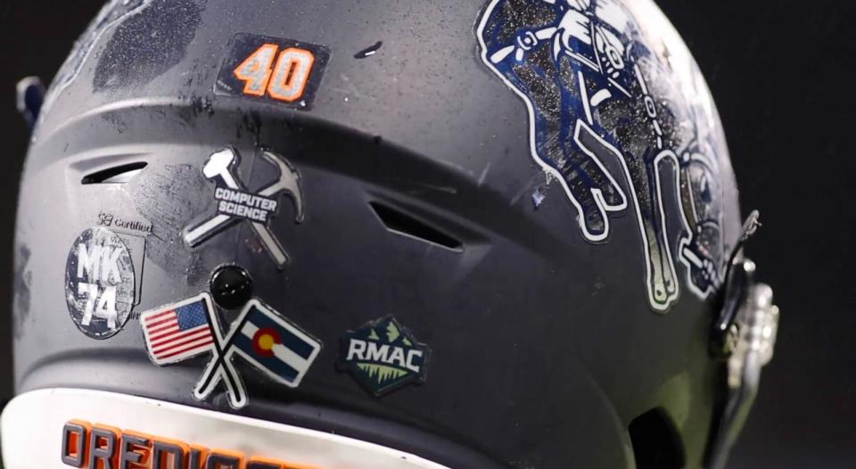 PHOTO: A football helmet displaying a player's major is shown in this image. (Colorado School of Mines)