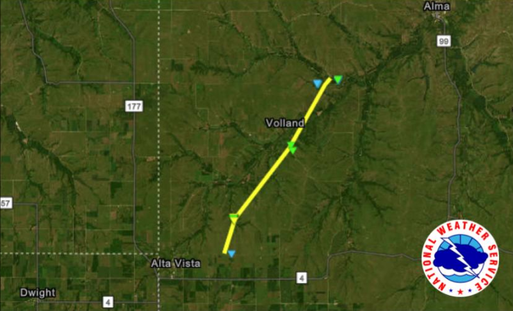 This map showing the path of a tornado that went northeast along the ground Wednesday evening in Wabaunsee County was posted Thursday evening on the website of the National Weather Service's Topeka office.