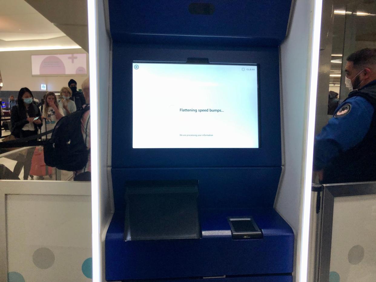 The kiosk to check in and use CLEAR security at the airport.