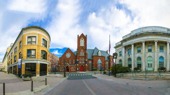 PITTSFIELD, MA USA - SEP 22, 2017: view of historic building, city hall and methodist church in Pittsfield.