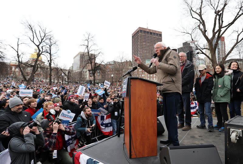 Democratic 2020 U.S. presidential candidate Senator Bernie Sanders gestures as he speaks during his rally in Boston