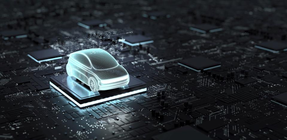 An illustration of a vehicle sitting on a microprocessor, representing SDVerse as a new business-to-business marketplace for automotive software products. General Motors, supplier Magna and technology services and consulting company Wipro Limited worked together to develop SDVerse.