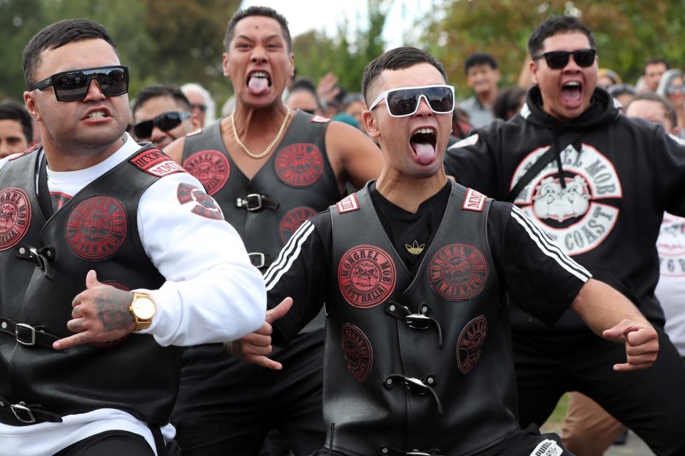 Mongrel Mob members perform the haka outside the Jamia Masjid mosque (AFP/Getty Images)