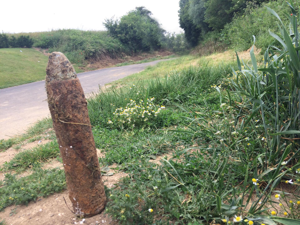 An unexploded British shrapnel artillery shell with its time-fuse still intact, representative of the large number that failed to explode on the Somme