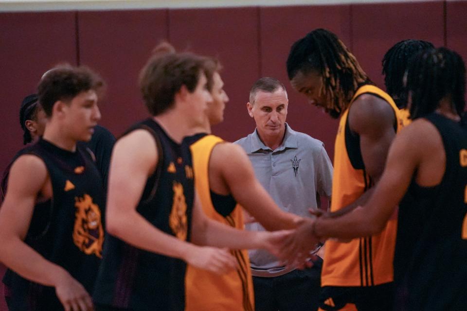 Arizona State University basketball head coach Bobby Hurley (center) attends a practice at the Weatherup Center in Tempe on Sept. 27, 2023.