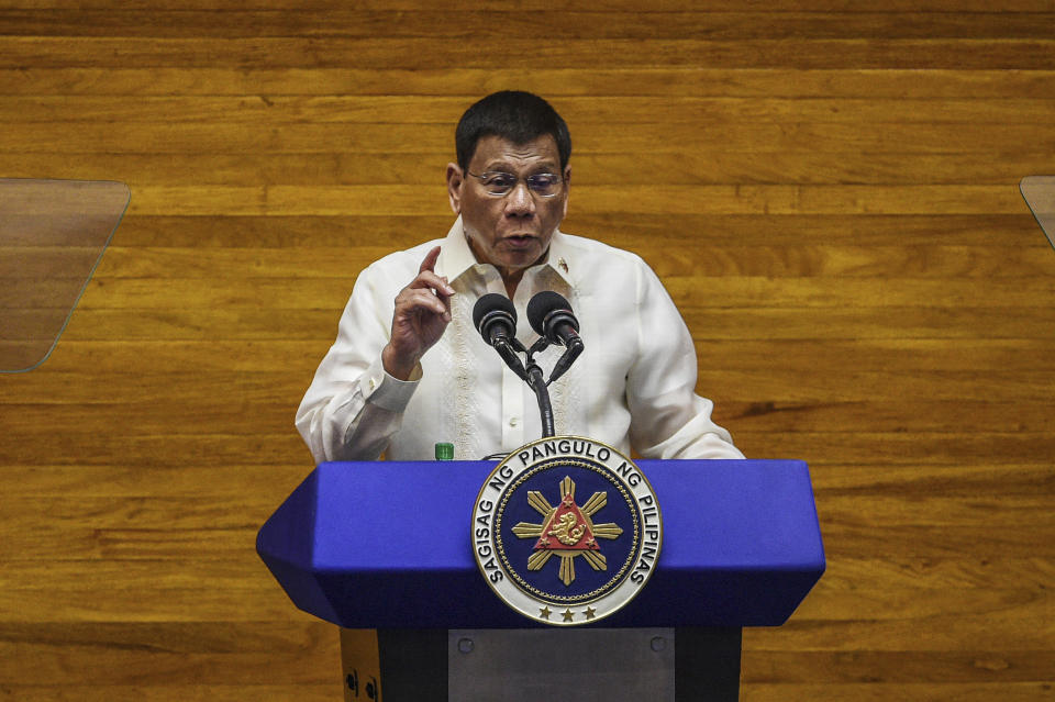 Philippine President Rodrigo Duterte delivers his final State of the Nation Address at the House of Representatives in Quezon City, Philippines on Monday, July 26, 2021. Duterte delivered his final State of the Nation speech Monday before Congress, winding down his six-year term amid a raging pandemic, a battered economy and a legacy overshadowed by a bloody anti-drug crackdown that set off complaints of mass murder before the International Criminal Court. (Jam Sta Rosa/Pool Photo via AP)