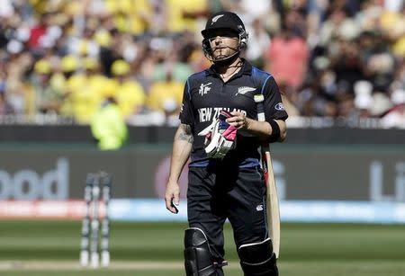 New Zealand's captain Brendon McCullum reacts as he walks off the field after being bowled for a duck by Australia's Mitchell Starc during their Cricket World Cup final match at the Melbourne Cricket Ground (MCG) March 29, 2015. REUTERS/Hamish Blair