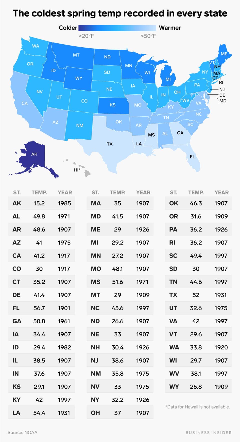 coldest spring month in every state