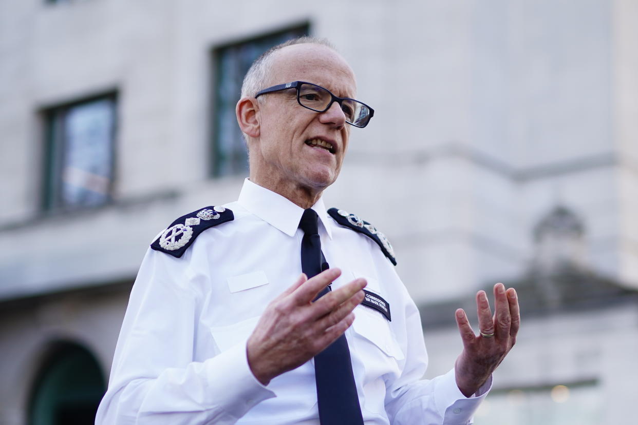 Metropolitan Police Commissioner Sir Mark Rowley speaks to the media outside New Scotland Yard, central London, after rapist Metropolitan Police officer David Carrick was jailed at Southwark Crown Court for life with a minimum term of 30 years and 239 days for attacking a dozen women over a 17-year period. Picture date: Tuesday February 7, 2023. (Photo by Aaron Chown/PA Images via Getty Images)