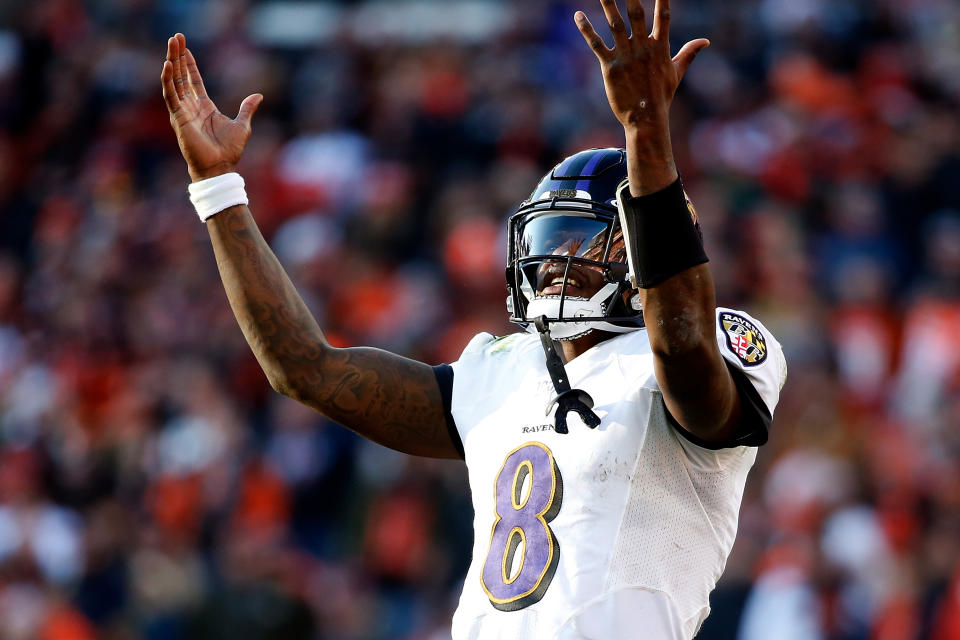 CLEVELAND, OH - DECEMBER 22:  Lamar Jackson #8 of the Baltimore Ravens reacts to a broken play during the game against the Cleveland Browns at FirstEnergy Stadium on December 22, 2019 in Cleveland, Ohio. Baltimore defeated Cleveland 31-15. (Photo by Kirk Irwin/Getty Images)