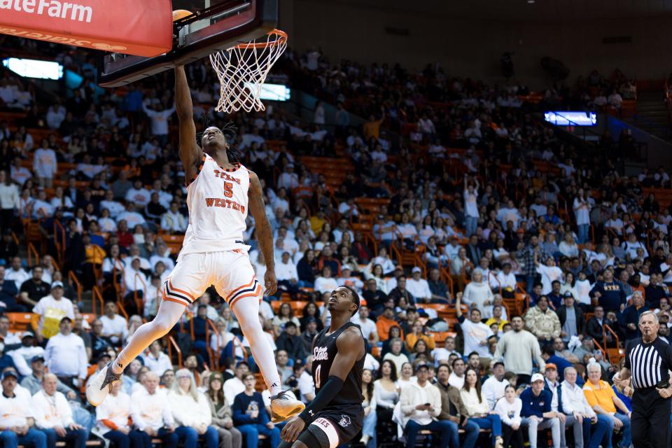 UTEP's David Terrel Jr. (5) goes up for a layup at a men's basketball game against NMSU on Saturday, Feb. 10, 2024, at the Don Haskins Center in El Paso, Texas.