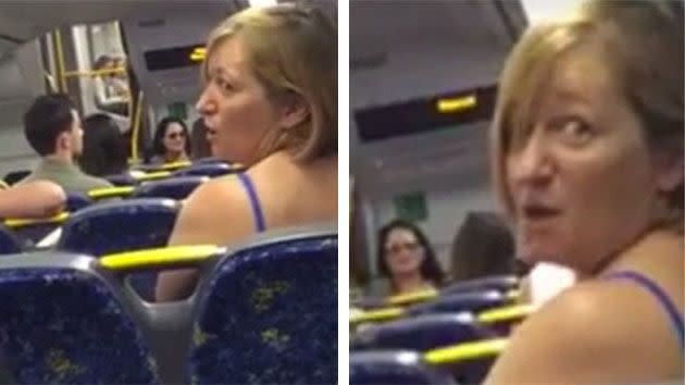 Video has emerged of a Sydney woman hurling profanities at another train passenger for speaking in a language other than English - all while in the company of young children. Photo: Facebook