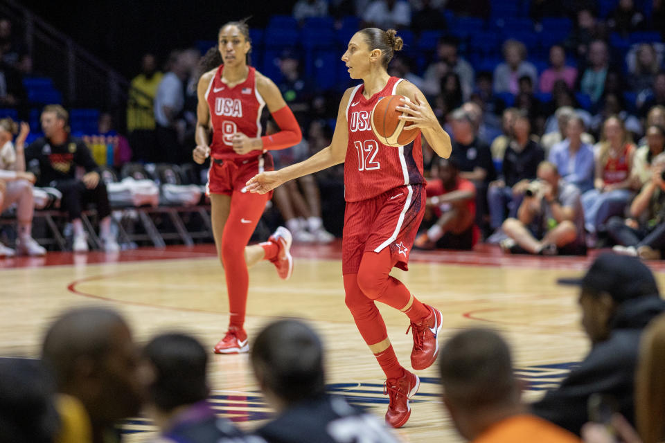 LONDON, ENGLAND: JULY 23:  Diana Taurasi #12 of the United States and A'ja Wilson #9 of the United States during the USA V Germany, USA basketball showcase Women's basketball match in preparation for the Paris Olympic Games at The O2 Arena on July 23rd, 2024, in London, England. (Photo by Tim Clayton/Corbis via Getty Images)